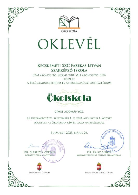 Ökoiskola címet kapott intézményünk