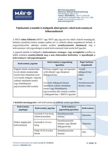 MÁV Személyszállítási Zrt. tájékoztatója a tanulók és hallgatók által igénybe vehető kedvezmények felhasználásáról